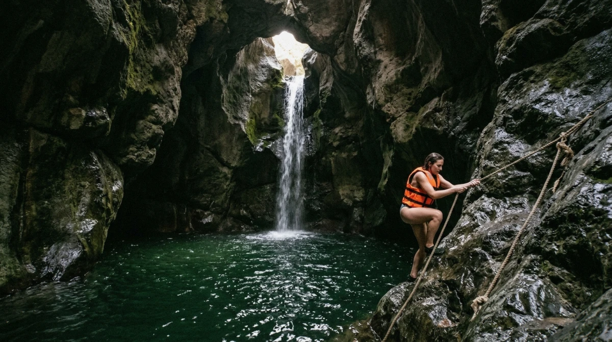 A thin waterfall falling through a hole in the cave roof into dark green water, a swimmer in a life jacket on the rope