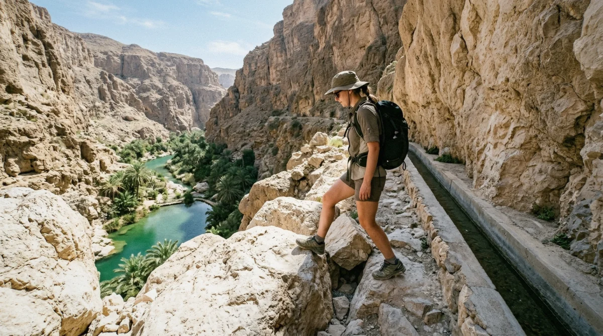 A hiker stepping between pale boulders beside the irrigation channel on the Wadi Shab trail