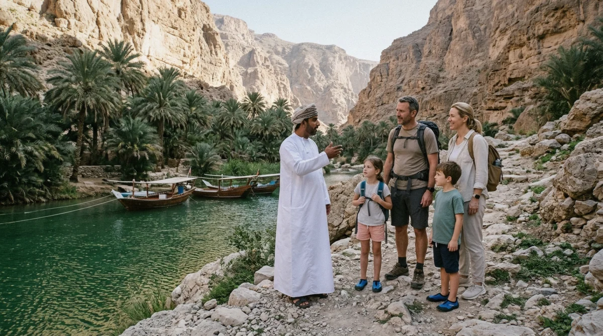 A guide and a family of four at the start of the Wadi Shab trail after the boat crossing