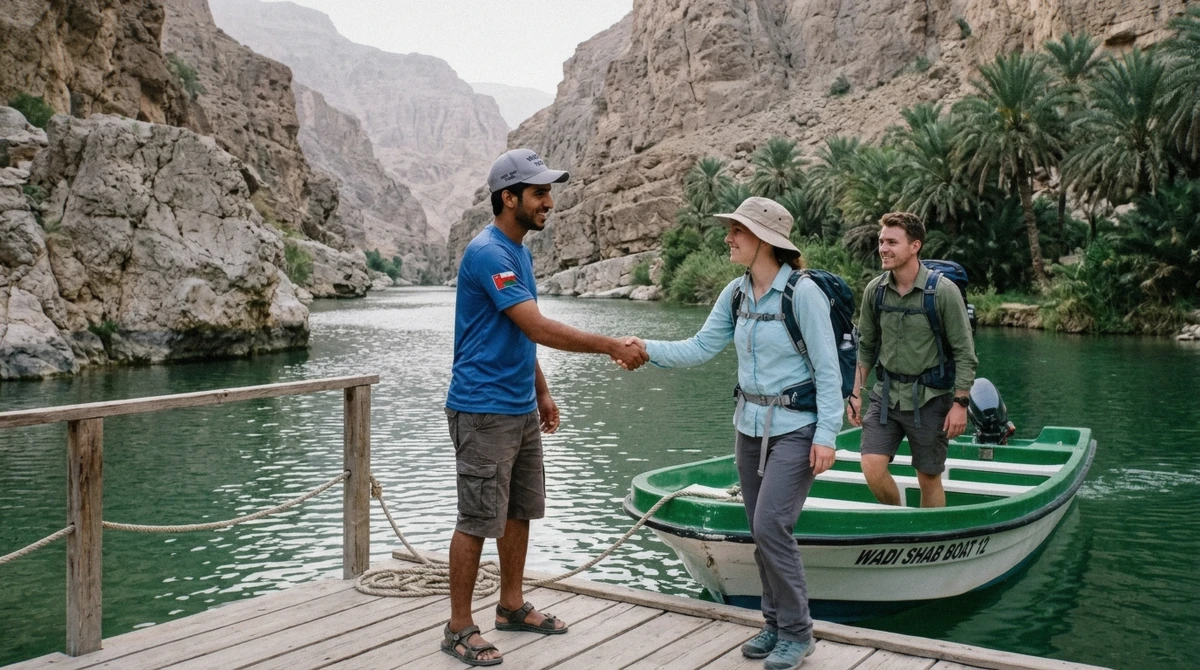 A local guide in a cap greeting two travelers at the Wadi Shab boat landing