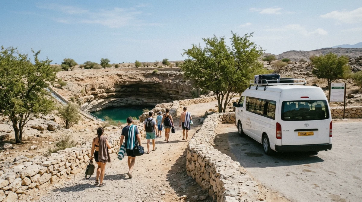 A shared tour minibus parked by the Bimmah Sinkhole park entrance, travelers walking to the rim