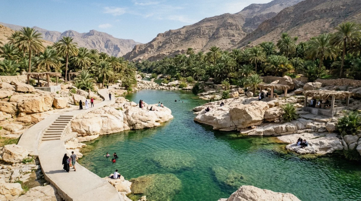 Wide green pools, paved walkways and palms at Wadi Bani Khalid in Oman