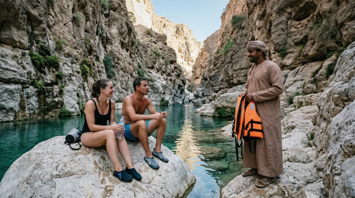 Two travelers and a guide resting on a boulder beside a turquoise pool in Wadi Shab