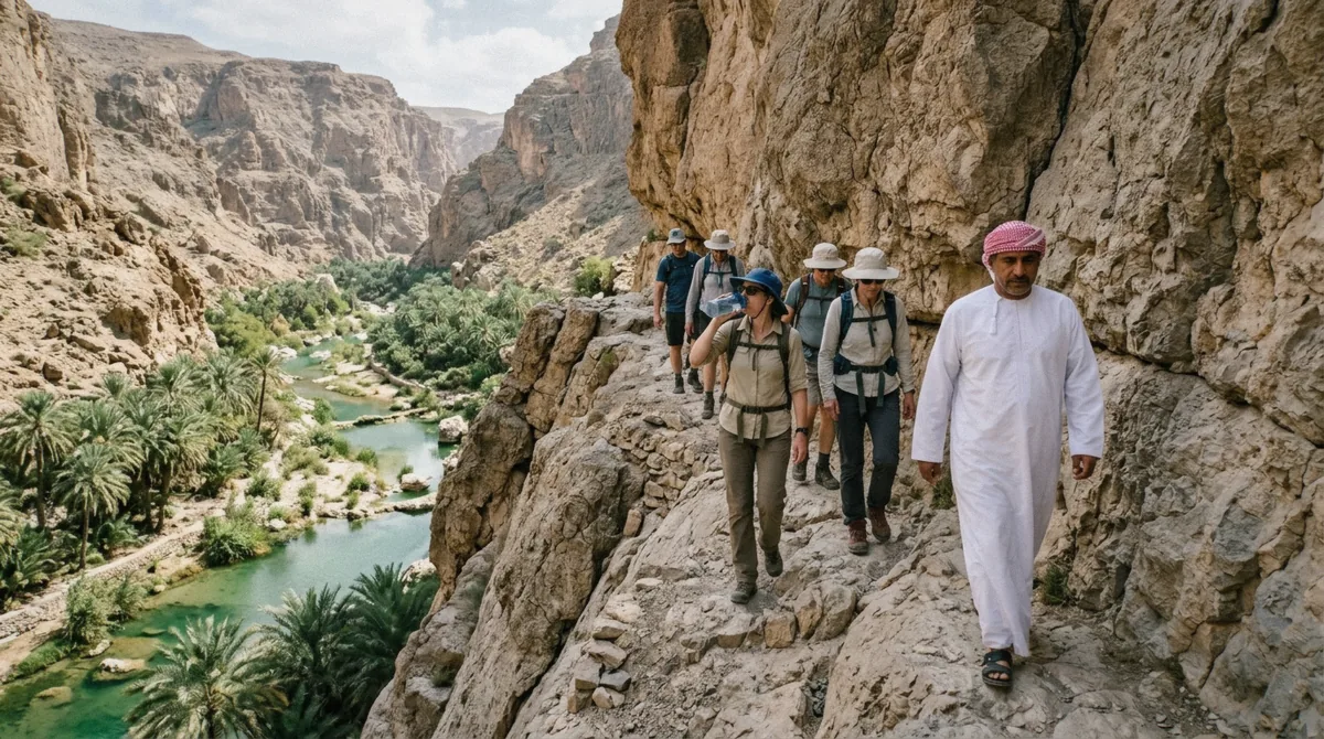 A small group of hikers in sun hats walking a rocky path above green pools in the Wadi Shab gorge
