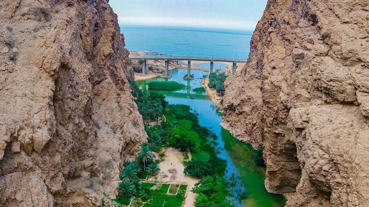 View down the Wadi Shab gorge over palm gardens to the highway bridge and the sea